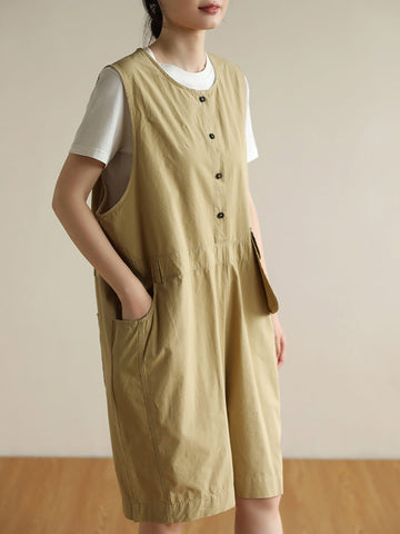 Women Summer Solid Retro Pocket Button Vest Short Jumpsuits