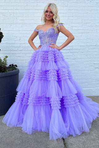 Tulle Off-the-Shoulder Ruffle Tiered Long Prom Dress