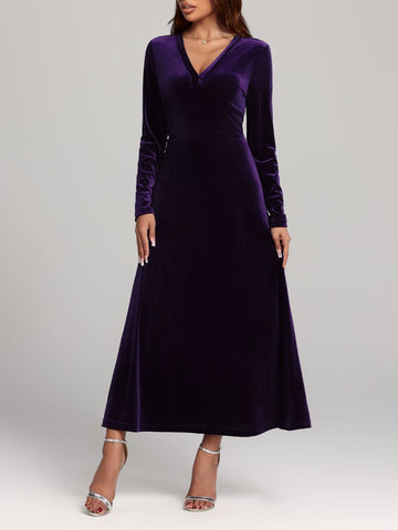 V-Neck Long Sleeve Velvet Midi Dress
