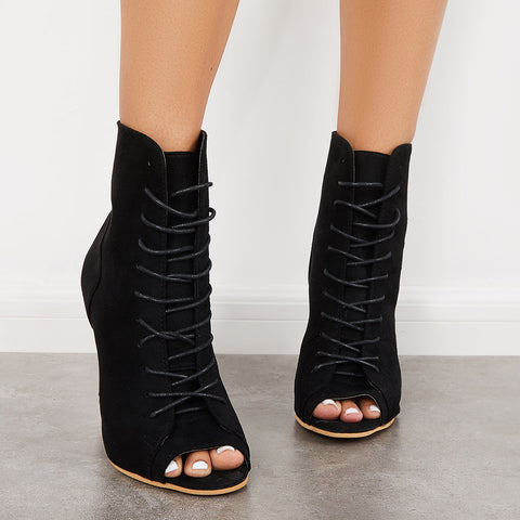 Peep Toe Stiletto High Heel Ankle Boots Lace Up Booties