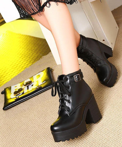 Black Faux Leather Boots Cross Strap Chunky Heel