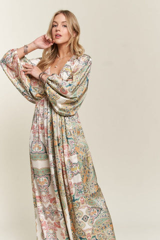 Printed V-Neck Batwing Sleeve Maxi Dress