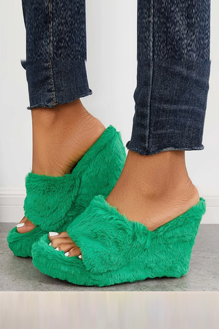Faux Fur Wedge Slippers Furry Platform High Heel Slide Shoes