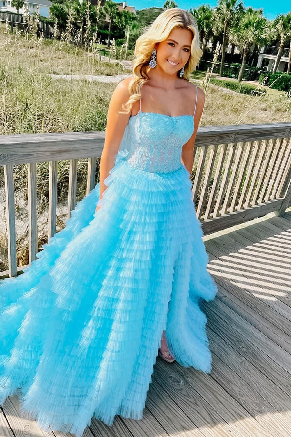A Line Spaghetti Straps Blue Corset Prom Dress with Ruffles