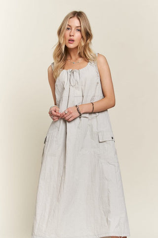 Beige Grey Drawstring Slit Back Cargo Midi Dress