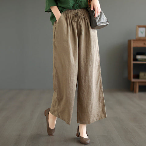 Women Summer Solid Loose Linen Casual Wide Leg Pants