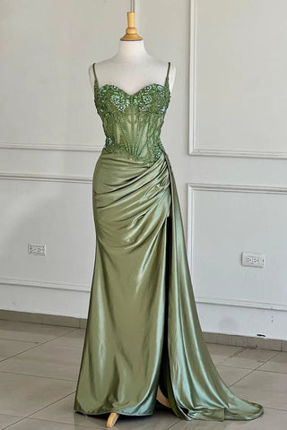 Mermaid Silver Spaghetti Straps Corset Prom Dress with Appliques