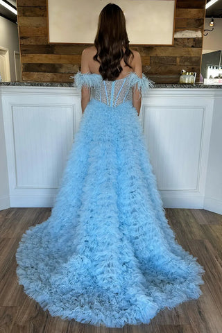 Purple Off the Shoulder Tulle Tiered A-Line Long Corset Prom Dress with Feather