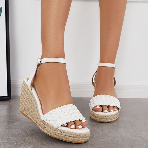 Open Toe Espadrille Wedges Braided Vamp Ankle Strap Sandals