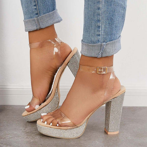 Rhinestone Chunky Block High Heels Ankle Strap Sandals