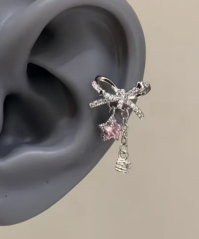 Fine Silk Copper Alloy Zircon Bow Pentagram Drop Earrings