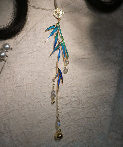 Vintage Blue Sterling Silver Overgild Bamboo Leaf Pearl Tassel Brooch