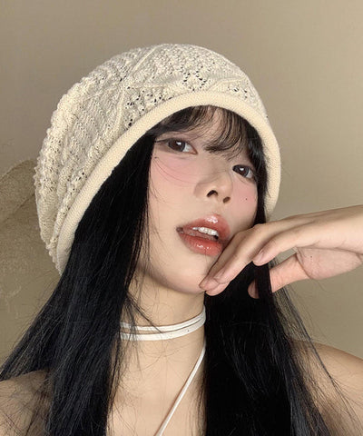 DIY Vielseitige beige ausgehöhlte dünne Bonnie-Strickmütze