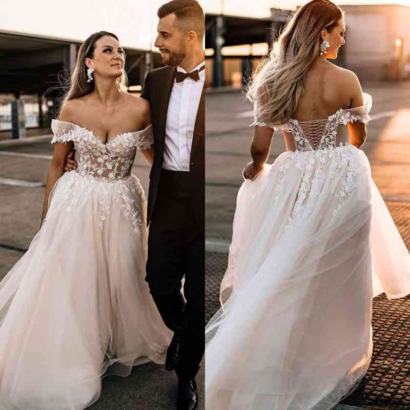 Bmbridal Champagne Off-the-Shoulder Beach Wedding Dress Tulle With Appliques