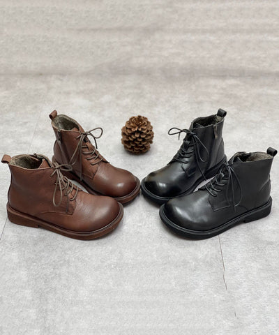 Coffee Boots Cowhide Leather Warm Fleece Beautiful Lace Up Boots