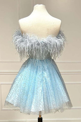Black Strapless Cocktail Dress with Feathers