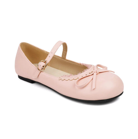 - Spring Autumn Pink White Mary Janes Flat Shoes Woman Round Toe Buckle Strap Lolita Girls Student Ballet Flats Plus Size 43 44 45