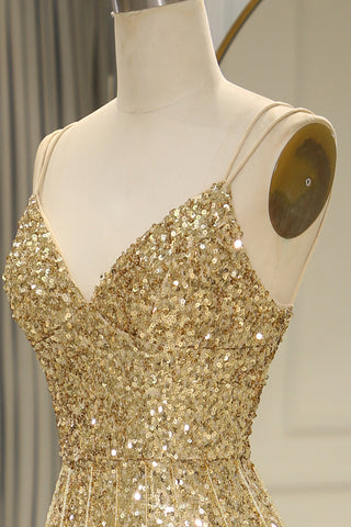 Bling Mermaid Spaghetti Straps Golden Sequins Long Prom Dress with Split Front