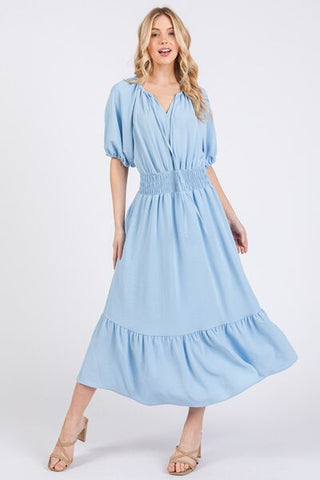 Blue Elastic Waist Tie Neck Puff Sleeve Midi Resort Dress