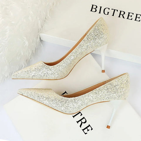 2024 summer new  style sexy nightclub slim heels for women's skinny heels fashion glitter single shoes