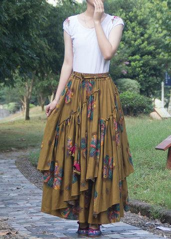 Boutique Yellow Wrinkled Asymmetrical Print Patchwork Linen Skirt Fall