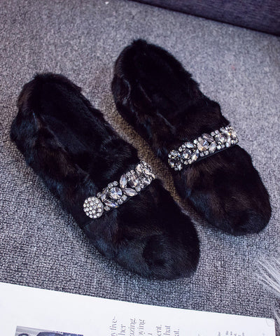 Schwarz Khaki Nerz Haar Boutique Spleißen Zirkon Flache Schuhe