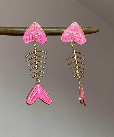 Unique Pink Alloy Drip Glaze Fish Bone Stud Earrings