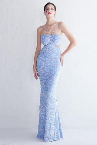 Mermaid Halter Black Sequins Long Prom Dress with Keyhole