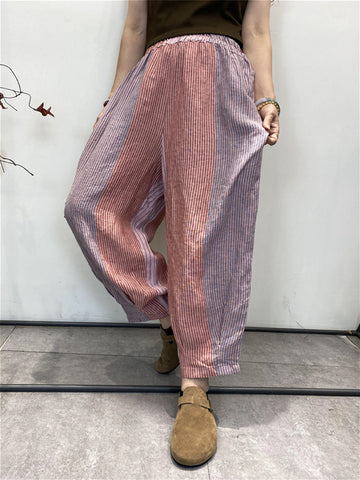 Women Summer Casual Stripe Pocket Cotton Harem Pants