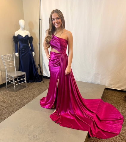 Charming Mermaid One Shoulder Satin Prom Dresses with Slit