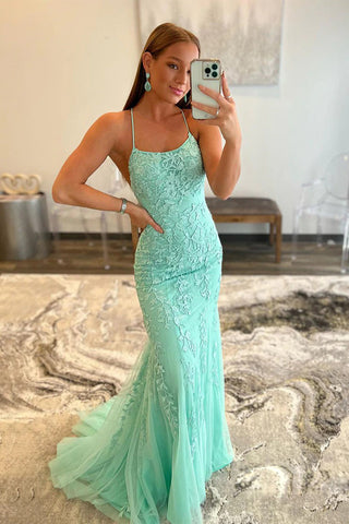 Mermaid Spaghetti Straps Blue Long Prom Dress with Backless