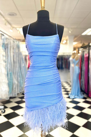 Cute Sheath Spaghetti Straps Hot Pink Short Homecoming Dress with Feather