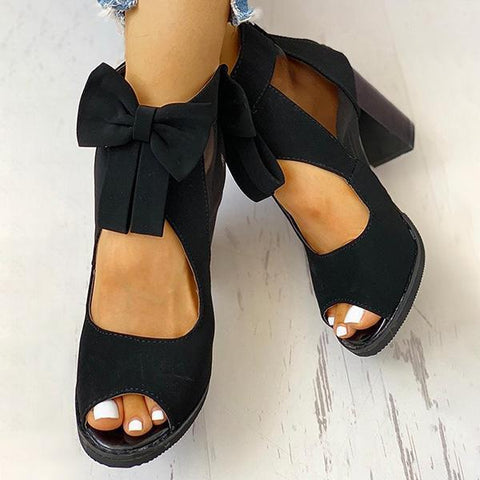 Mesh Chunky Block Heels Bowknot Strappy Sandals