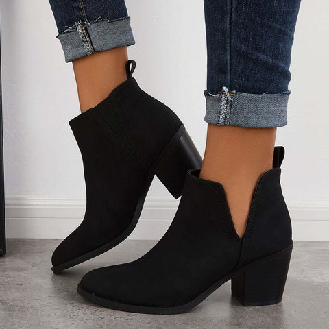 Cutout Western Ankle Cowboy Boots Chunky Stacked Heel Booties