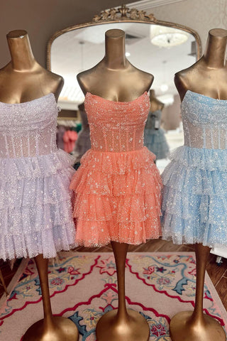 Cute A Line Strapless Lilac Corset Homecoming Dress with Ruffles