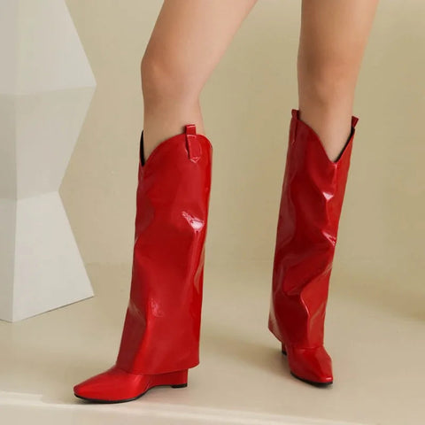 - Lackleder Weiße Kniehohe Stiefel Damen Keilabsatz Slip On Schwarz Rot Lange Stiefel Hosen Design Hosen Schuhe Große Größe 45