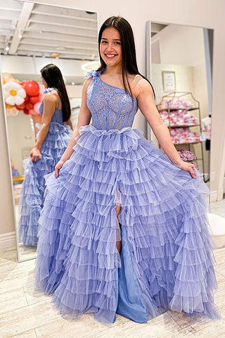 A Line Light Purple One Shoulder Corset Tiered Long Prom Dress with Ruffles
