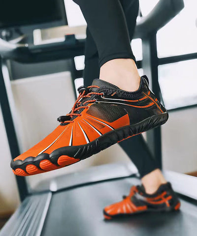 Schwarze, orange, weiche, bequeme, atmungsaktive flache Schuhe aus Netzstoff