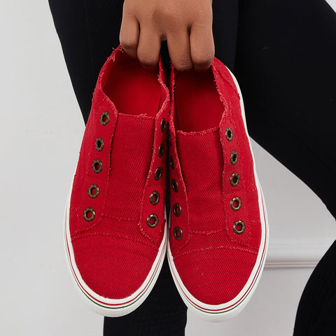 Rote Slipper aus Segeltuch, flache Wanderschuhe
