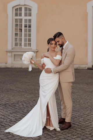 BMbridal Off-the-Shoulder White Wedding Dress Mermaid With Slit