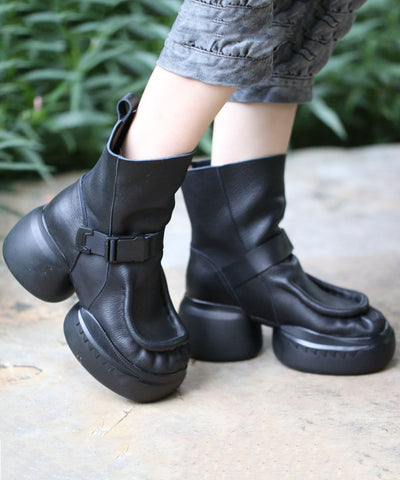 Damen Schwarze Stiefel aus Rindsleder mit Spleißen von Plateaustiefeln