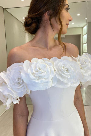Gorgeous A-Line Chapel Train Off-The-Shoulder Satin Wedding Dresses with Slit