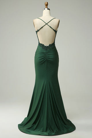 Mermaid Spaghetti Straps Dark Green Long Prom Dress with Appliques