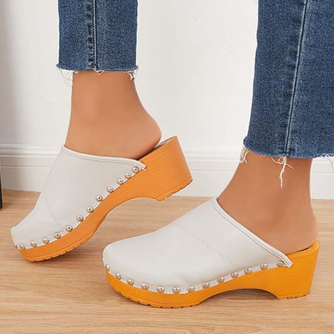 Women Casual Heeled Mules Closed Toe Slip-on Slide Sandals