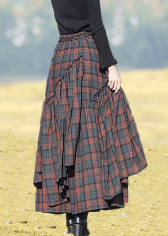Vintage Blue Red Plaid Patchwork Wrinkled Tie Waist Maxi Skirts