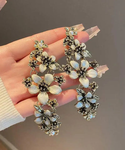 Retro White Alloy Floral Tassel Drop Earrings