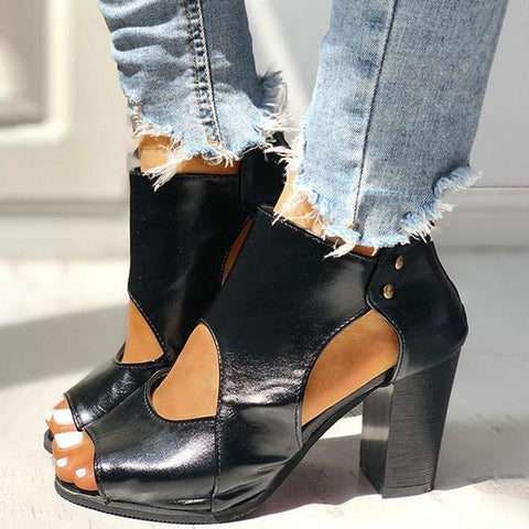 Peep Toe Cut Out Ankle Boots Chunky Block Heel Booties