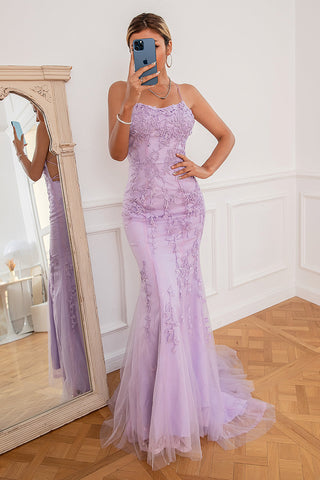 Hellviolettes langes Meerjungfrauen-Ballkleid mit Applikationen