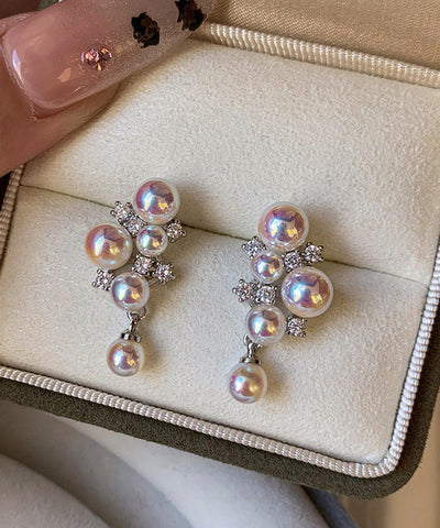Women Pink Grape Cluster Pearl Zircon Drop Earrings