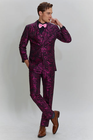 Fuchsiafarbener, floraler Jacquard-Ballanzug für Herren, 3-teilig
